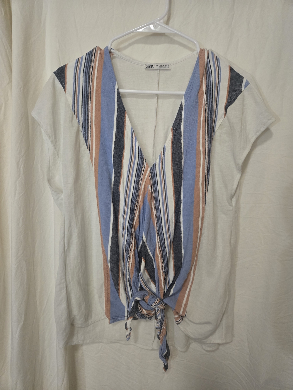 Zara Cream Short-Sleeve V-Neck Front-Tie Striped Top